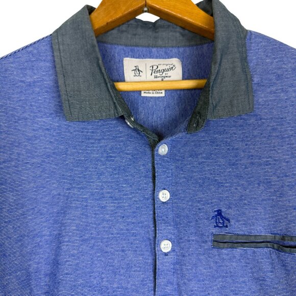 Original Penguin Munsingwear Men’s Polo Shirt XL Blue Striped Gray Collar Cotton - Picture 2 of 10